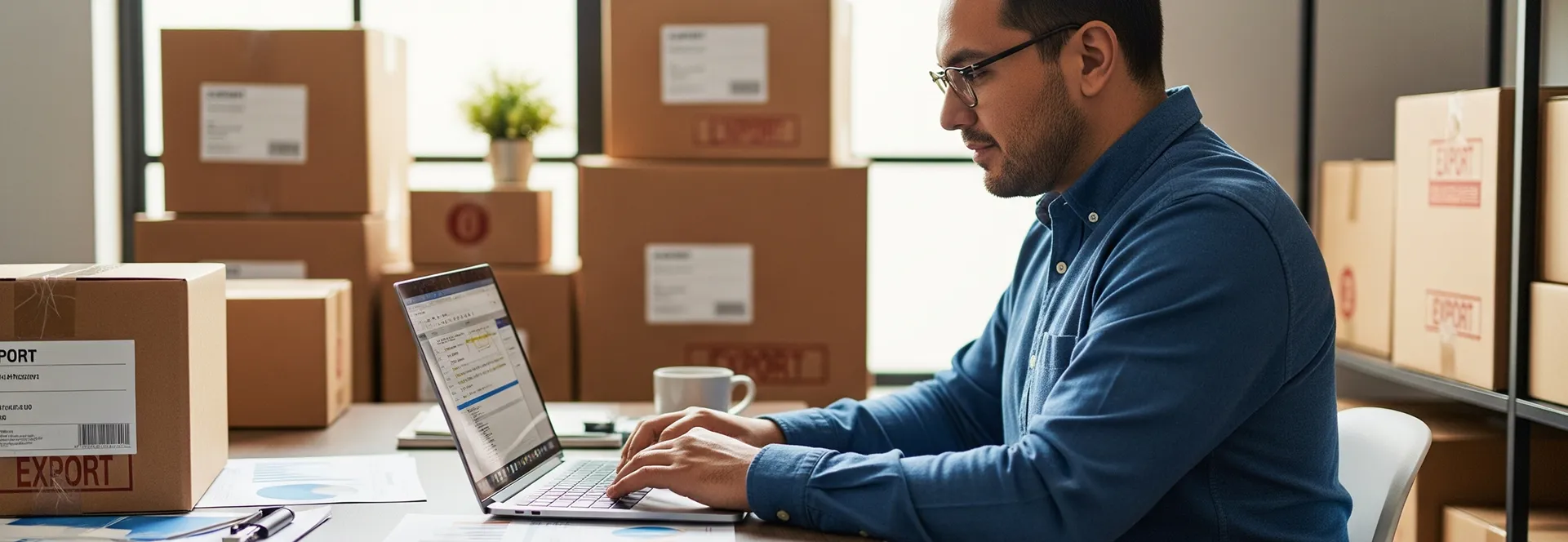 Seller working on a laptop among inventory boxes
