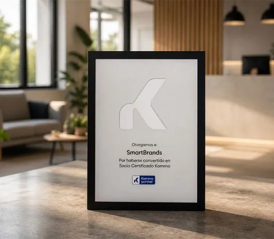 The framed Kommo certified partner certificate awarded to SmartBrands.