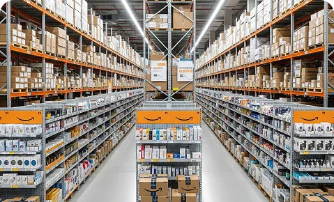 Aisles of stocked shelves in an Amazon fulfillment warehouse