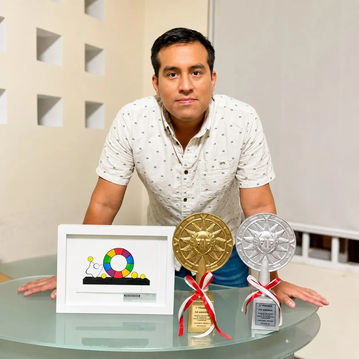 Luis Miranda with the two FIP 2023 trophies won by SmartBrands, gold and
silver, on a table beside the festival diploma.