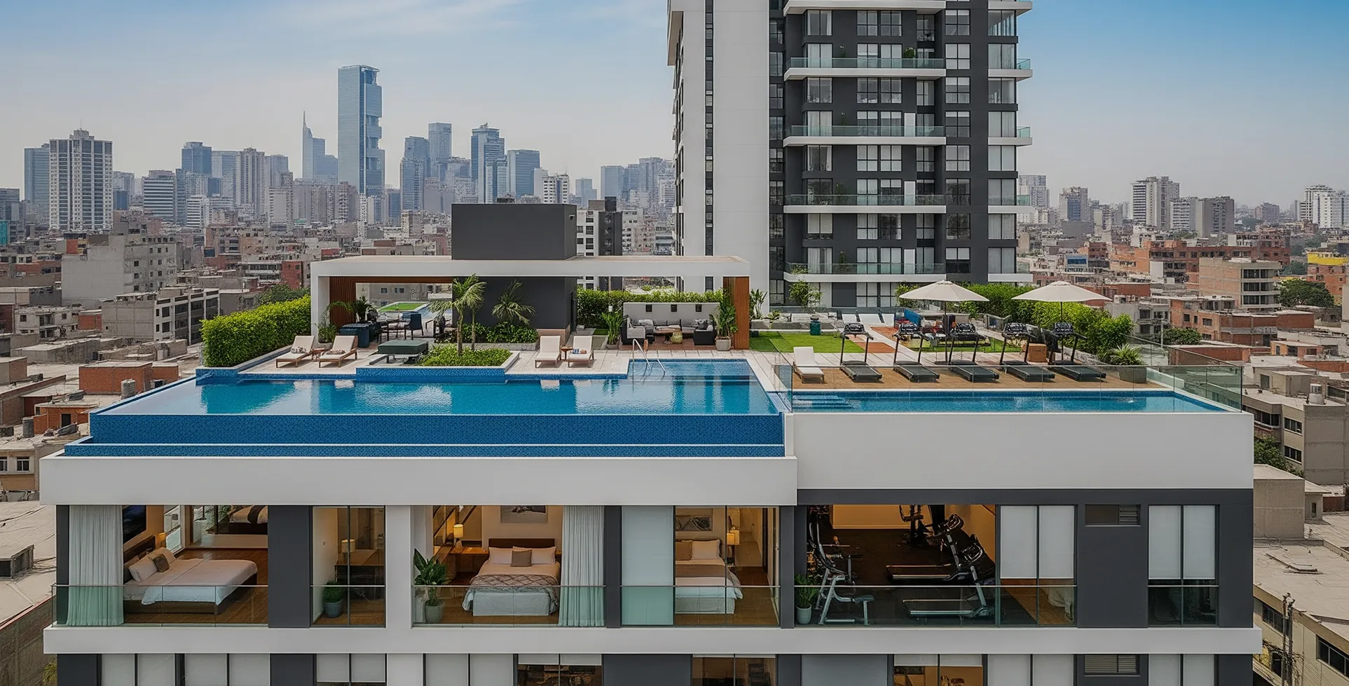 Residential building with a rooftop pool over a city skyline